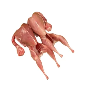Two raw, plucked quails positioned side-by-side against a plain white background, showing the meat and bone structure.