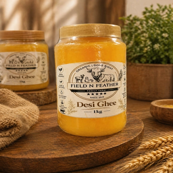 A 1kg clear glass jar of golden yellow Desi Ghee on a wooden platter, surrounded by rustic burlap and wheat stalks.