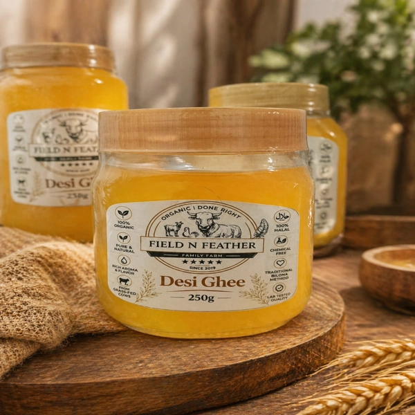 A close-up of a 250g jar of Desi Ghee showing its grainy, authentic texture, placed alongside larger jars in a warm, farm-style setting.