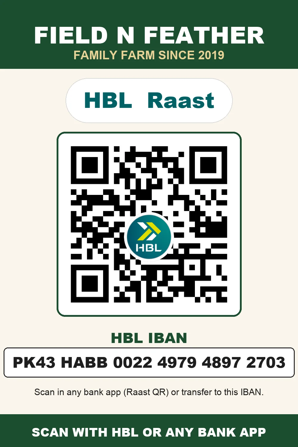 Field n Feather HBL Raast QR, IBAN PK43 HABB 0022 4979 4897 2703